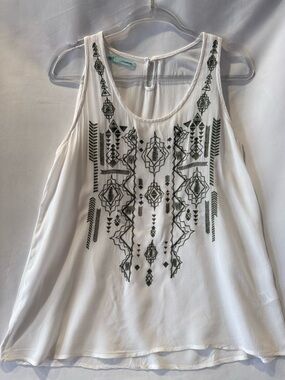 Anthropologie White Camisole with Black Geometric Embroidery